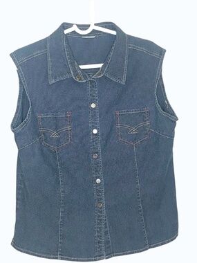 Vintage Denim Sleeveless Button Up Shirt Women’s Large Western Jean Top